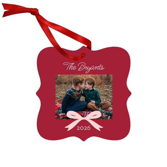 ornament with photo area, customizable text area, red ribbon