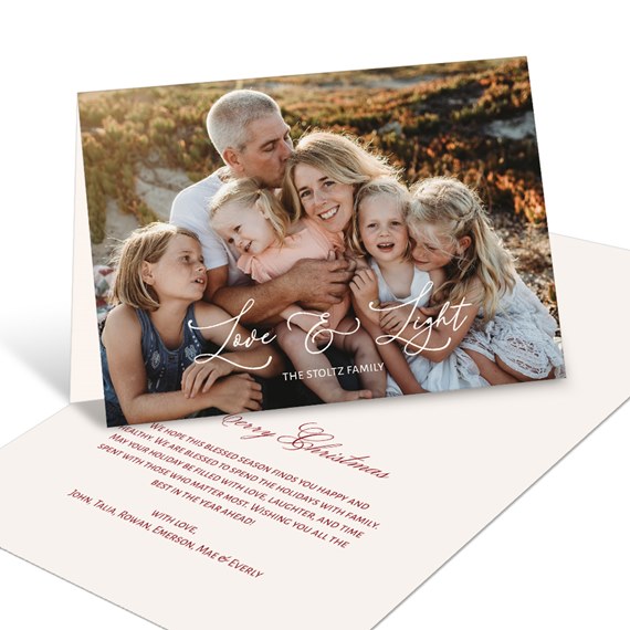 Christmas card with photo placeholder, customizable text area, and decorative font