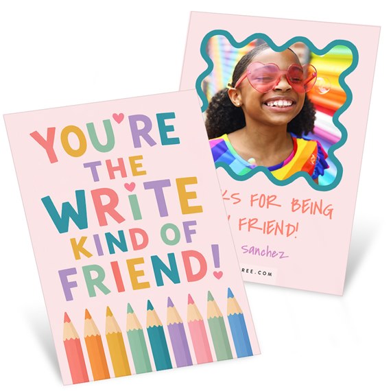 two classroom valentines with colorful text and photo area