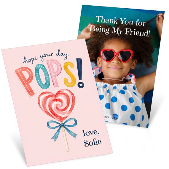 two classroom valentines with illustrations and photo area