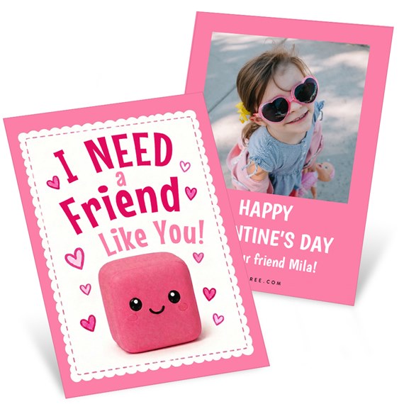 two pink classroom valentines with photo area and text