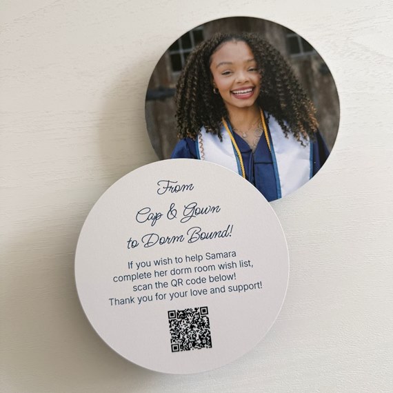 photo placeholder with decorative text and QR code
