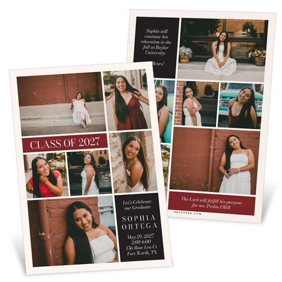 graduation invitation with photo placeholders, maroon accents, customizable text area