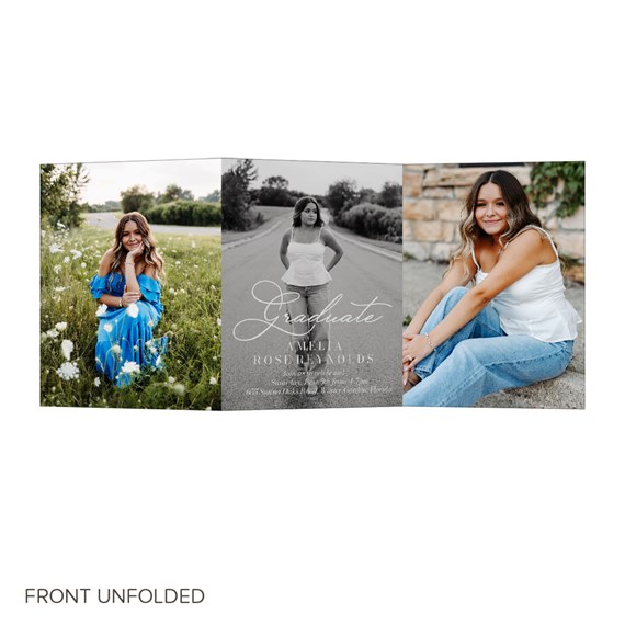 tri-fold graduation announcement with three photo areas and text