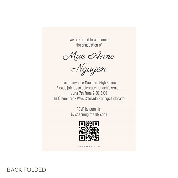 graduation announcement card with customizable text area and QR code