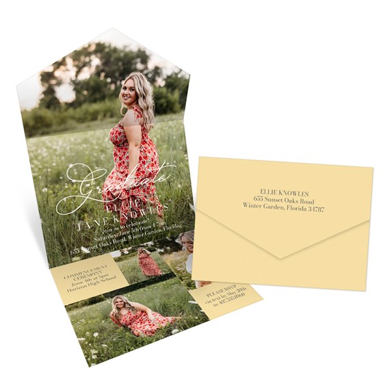 graduation announcement card with photo placeholder and yellow envelope