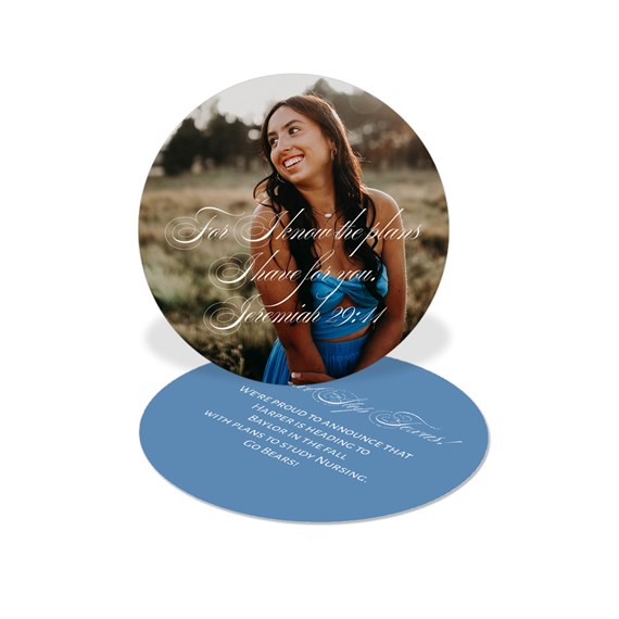 circular card with photo area and text