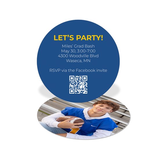 round graduation insert card with photo area and event details