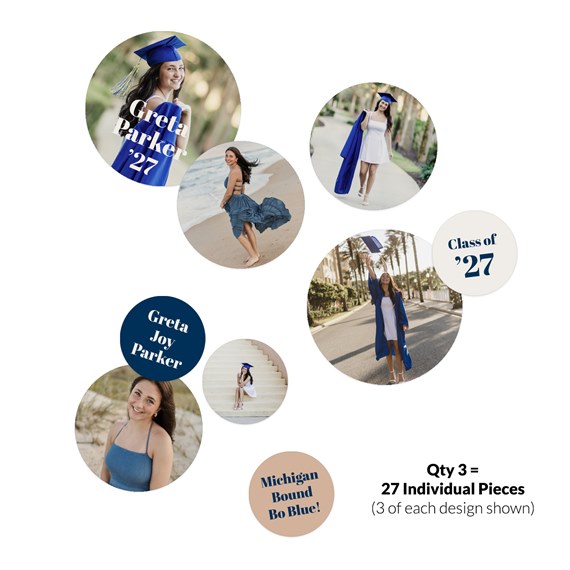multiple photo placeholders, round frames, graduation theme