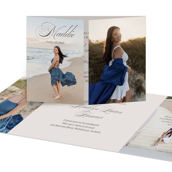 tri-fold graduation announcement with photo areas and decorative text