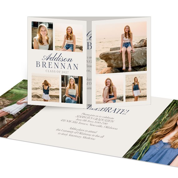 graduation invitation with photo placeholders and navy text