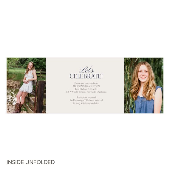 graduation invitation with photo placeholders and navy text