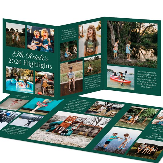 tri-fold card with photo placeholders and text highlights