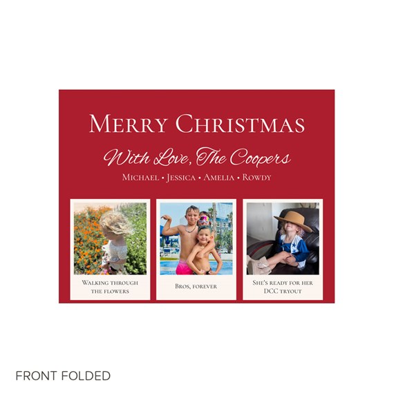 red christmas card with photo placeholders and white text