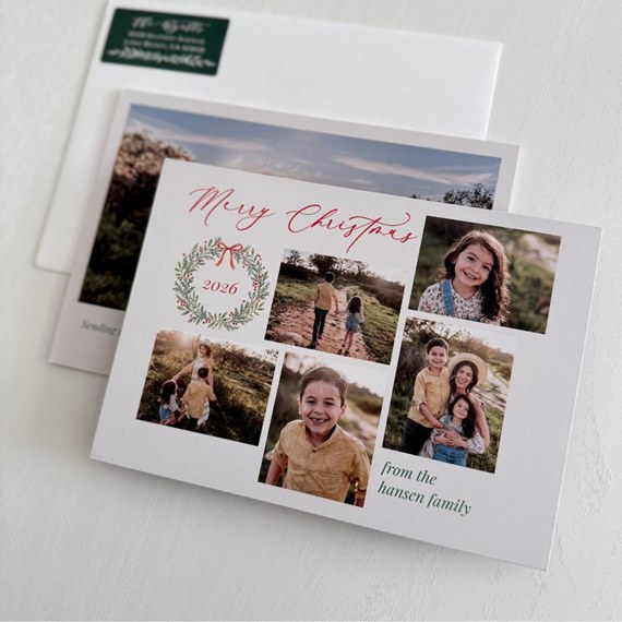 Christmas card with photo placeholders and decorative wreath