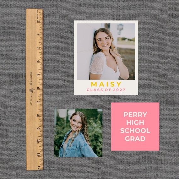 two photo frames with text on gray background