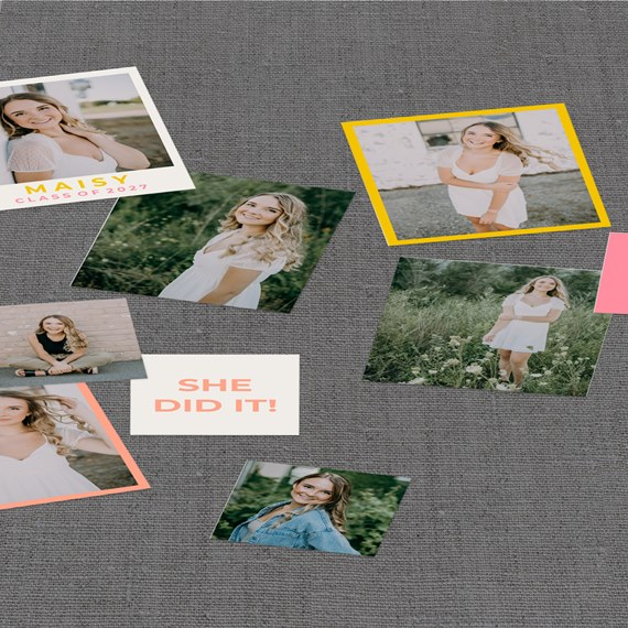 photo placeholders with colorful frames and text area