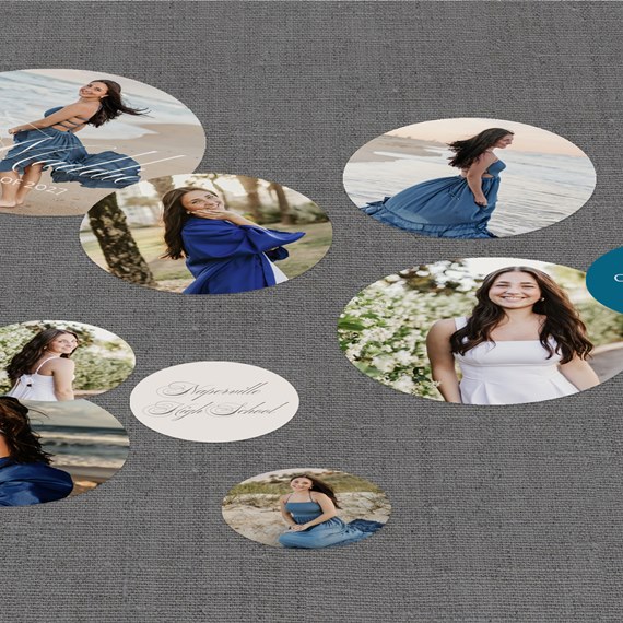 multiple photo placeholders on a gray background with decorative text