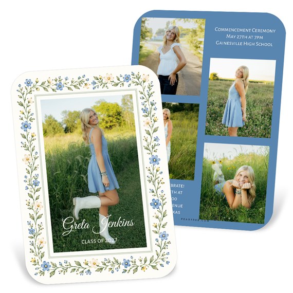 graduation invitation with floral border and photo placeholders