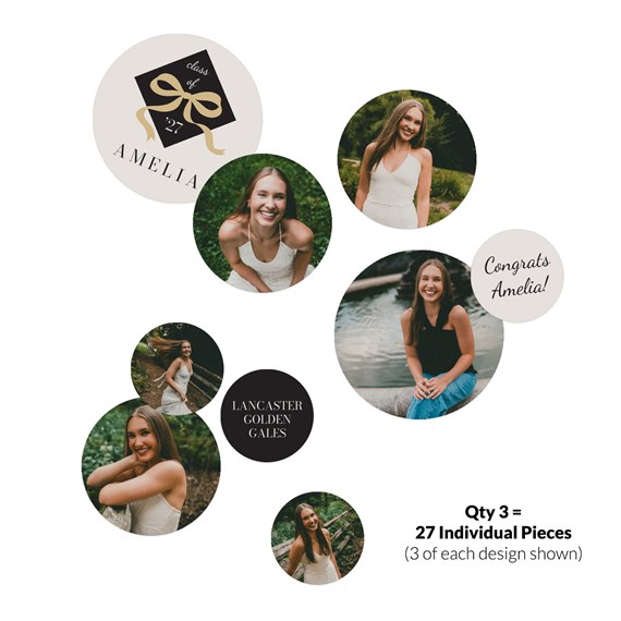 graduation confetti with various circular designs and photos