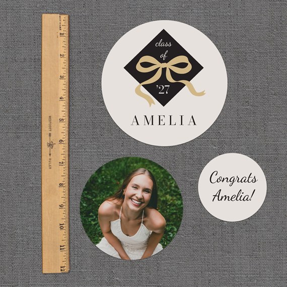 photo area with circular frame, text elements, and decorative elements