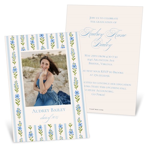garden party graduation invitation with photo area and floral border