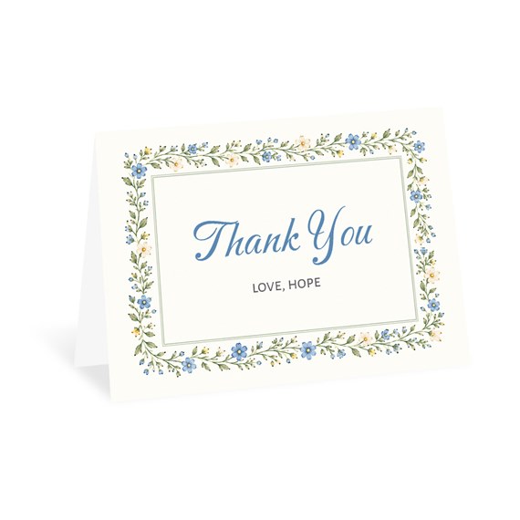floral thank you card with blue flowers and decorative text