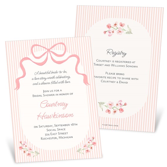 bridal shower invitations with floral design and pink ribbon