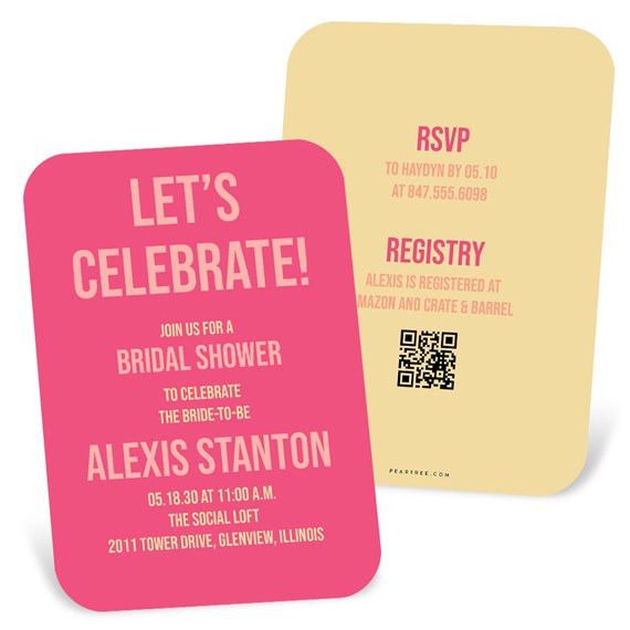 two bridal shower invitations with pink and yellow designs