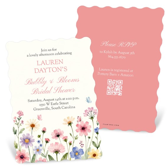 floral bridal shower invitation with scalloped edges and RSVP details