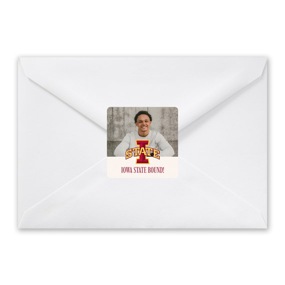 envelope with photo placeholder and text 'IOWA STATE BOUND!'