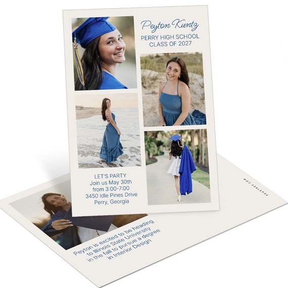 graduation announcement postcard with photo placeholders and event details