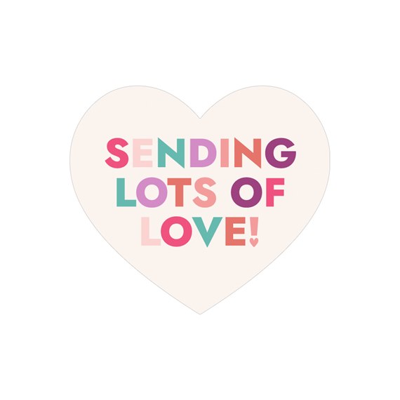 heart-shaped envelope seal with colorful text