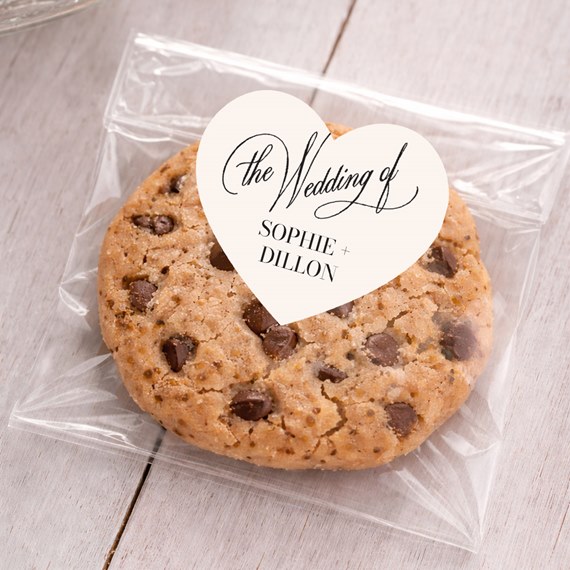 heart-shaped wedding sticker with customizable text area on cookie