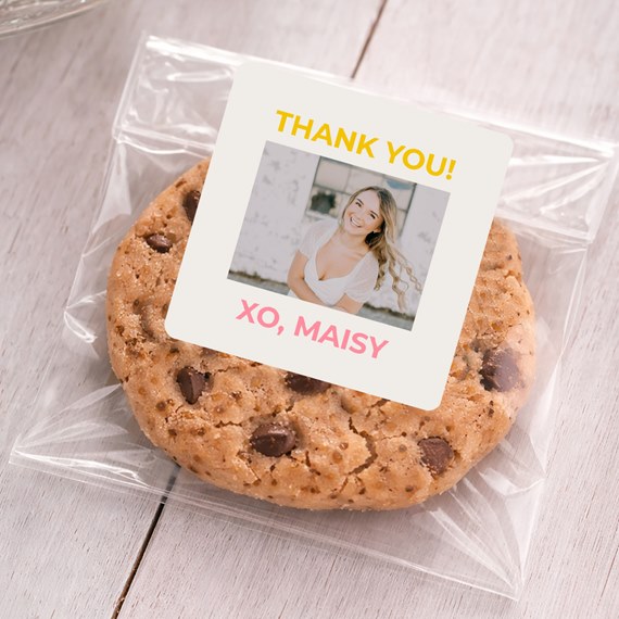 sticker on cookie bag with customizable text area and photo placeholder
