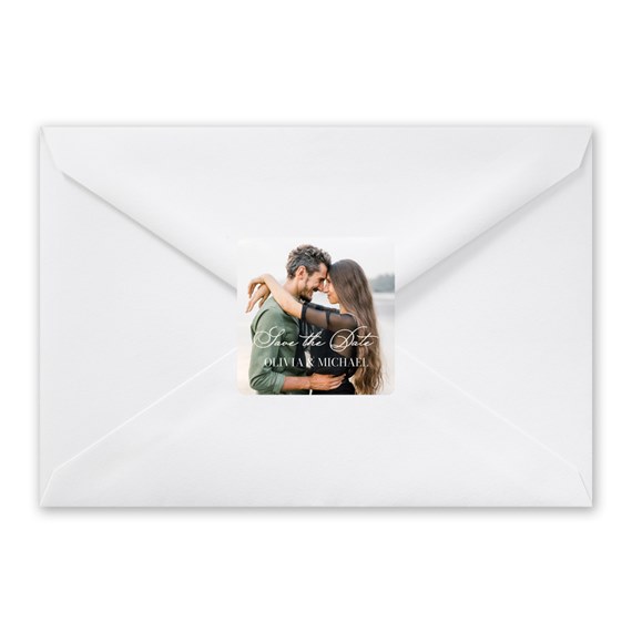 envelope with photo placeholder and save the date sticker