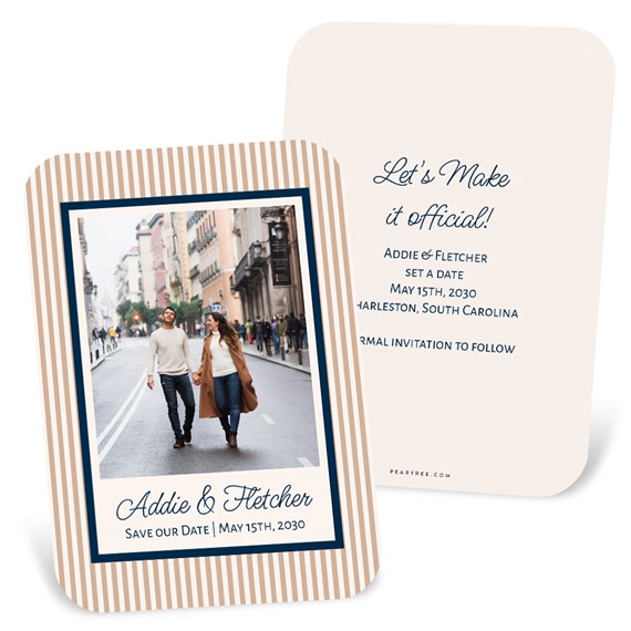 photo placeholder with striped border, customizable text area on reverse