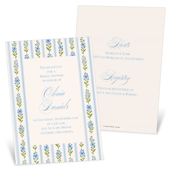 floral bridal shower invitation with blue flowers and RSVP details