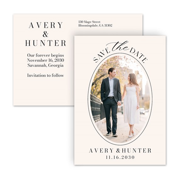 oval frame save the date postcard with customizable text area