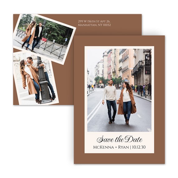 save the date postcard with photo placeholders and address