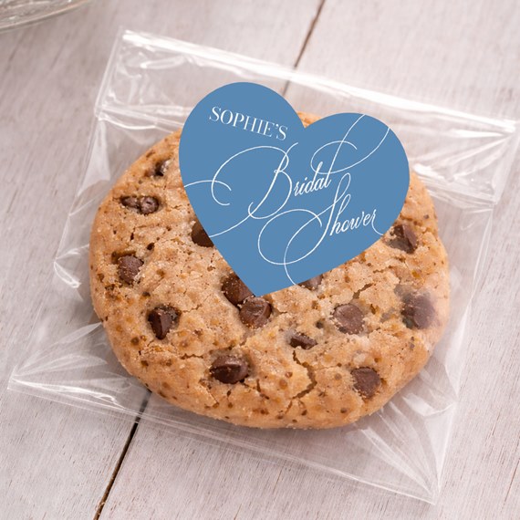 heart-shaped sticker with bridal shower text on cookie