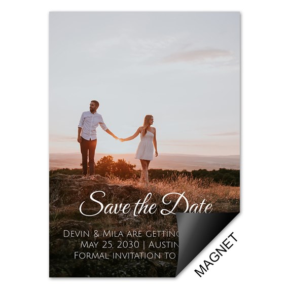 save the date magnet with couple at sunset, photo placeholder