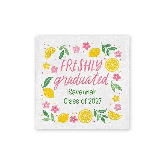 beverage napkin with floral and lemon design, customizable text area