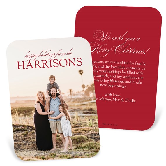 holiday card with photo placeholder on front and festive message on back