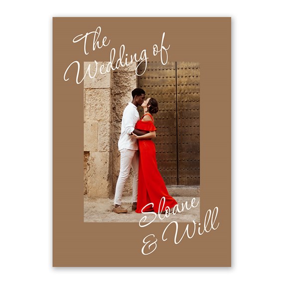 photo placeholder with decorative border and script text