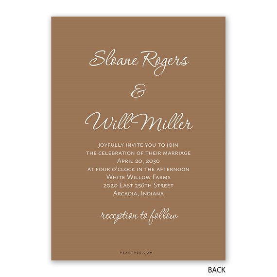 wedding invitation with script text and brown background