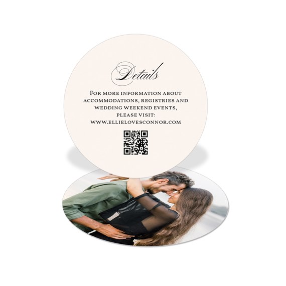 circular wedding insert card with details and photo area