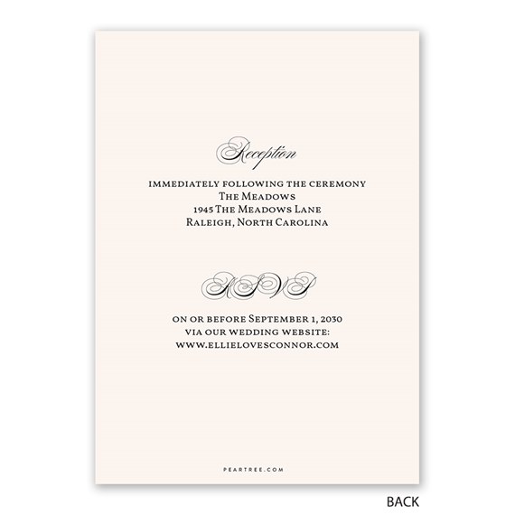 wedding reception invitation with decorative monogram and text details