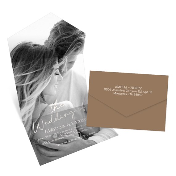 wedding invitation with photo placeholder and beige envelope