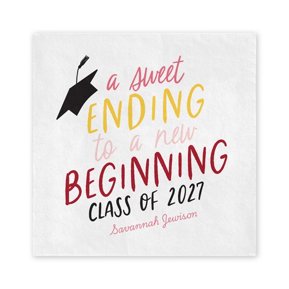 graduation dinner napkin with text and cap illustration